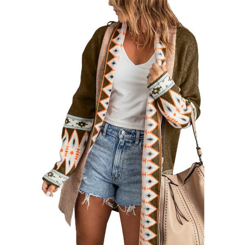 Aztec Print Open Front Knitted Cardigan