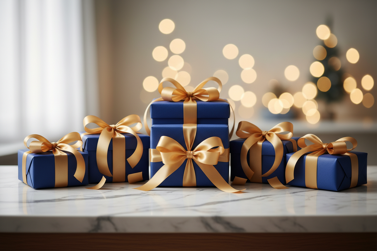 Blue wrapped gifts with gold ribbons on elegant background