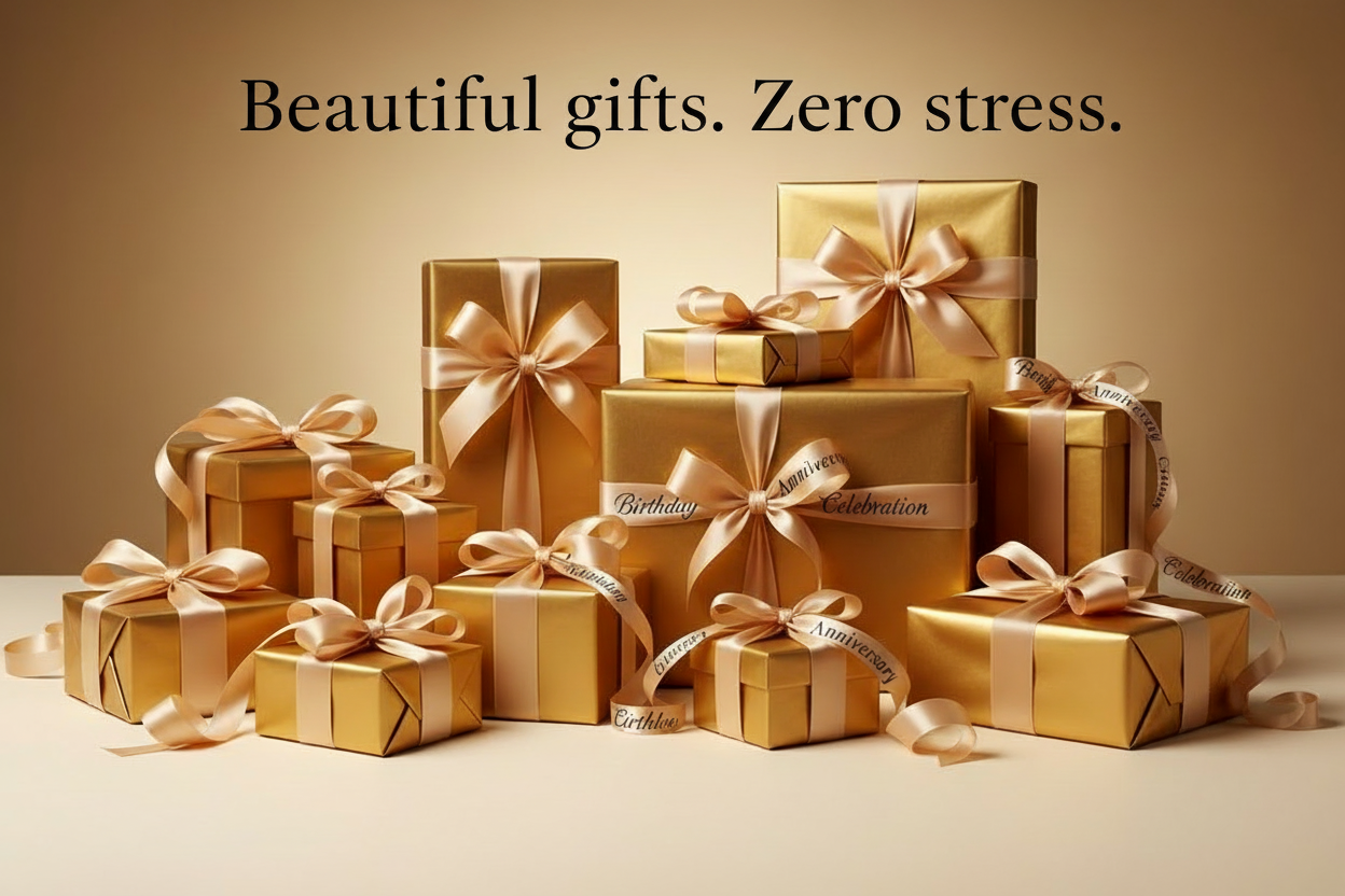 Gold gift boxes with occasion text on ribbons