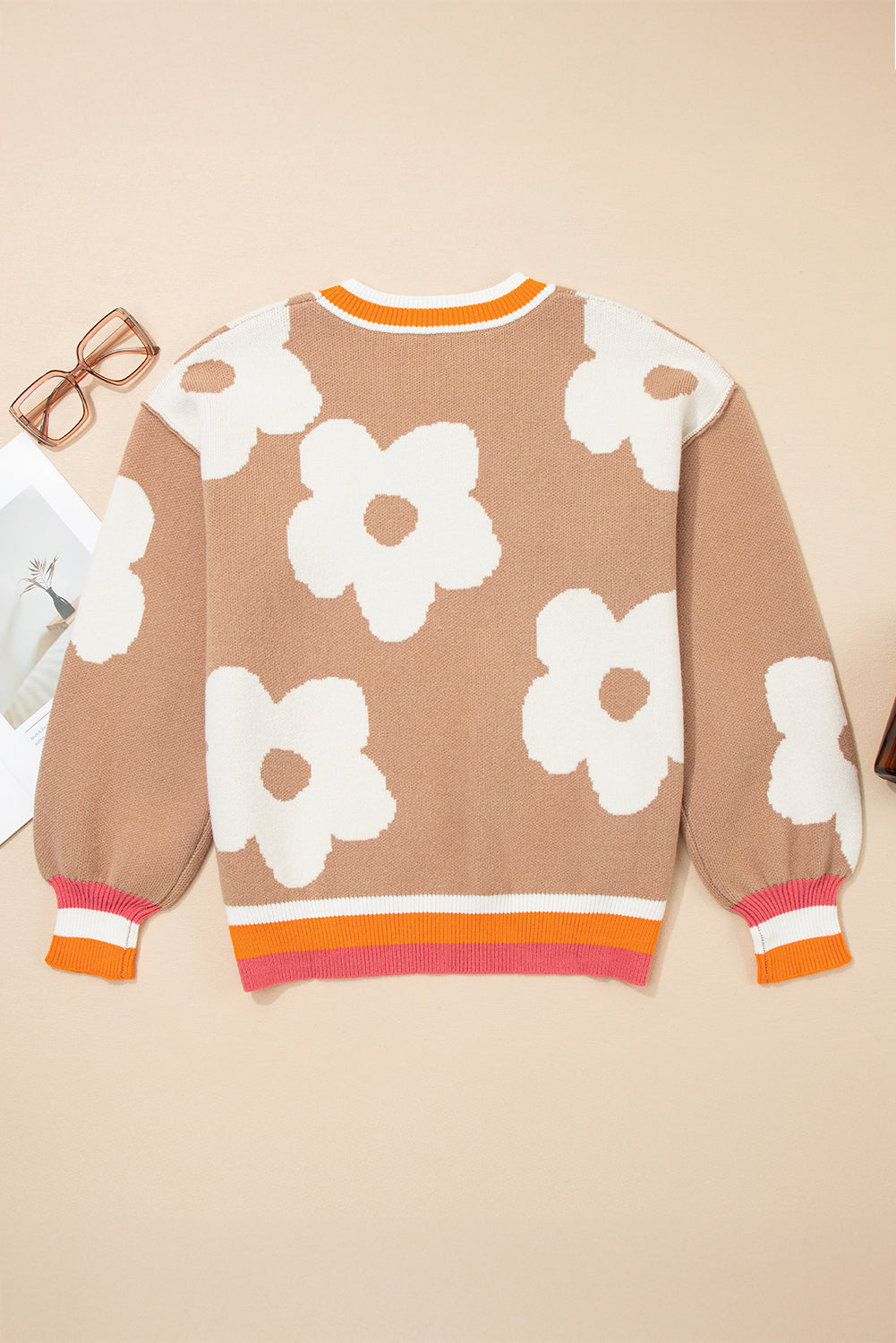 Flower Colorblock Contrast Stripe Baggy Sweater