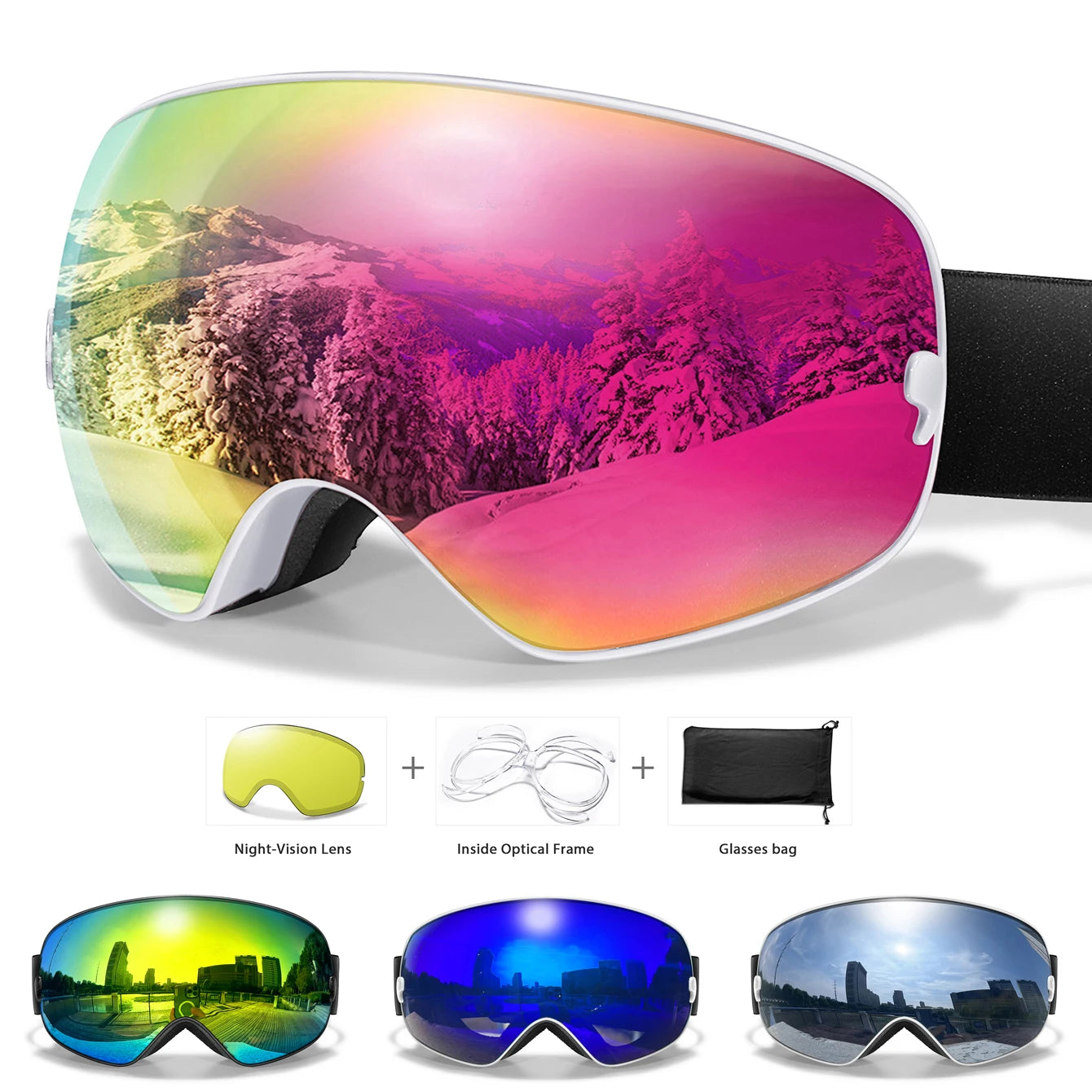 Anti-Fog SKI Goggles Snowboard Goggles UV400 with Night Vison Lens Men