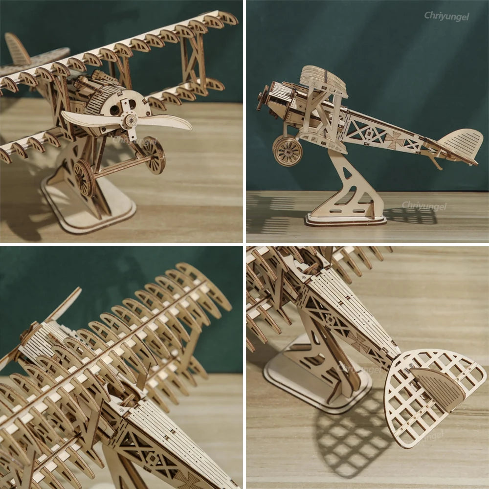 3D Wooden Puzzle Aircraft Model Kit DIY Assembly Bi-Plane Building