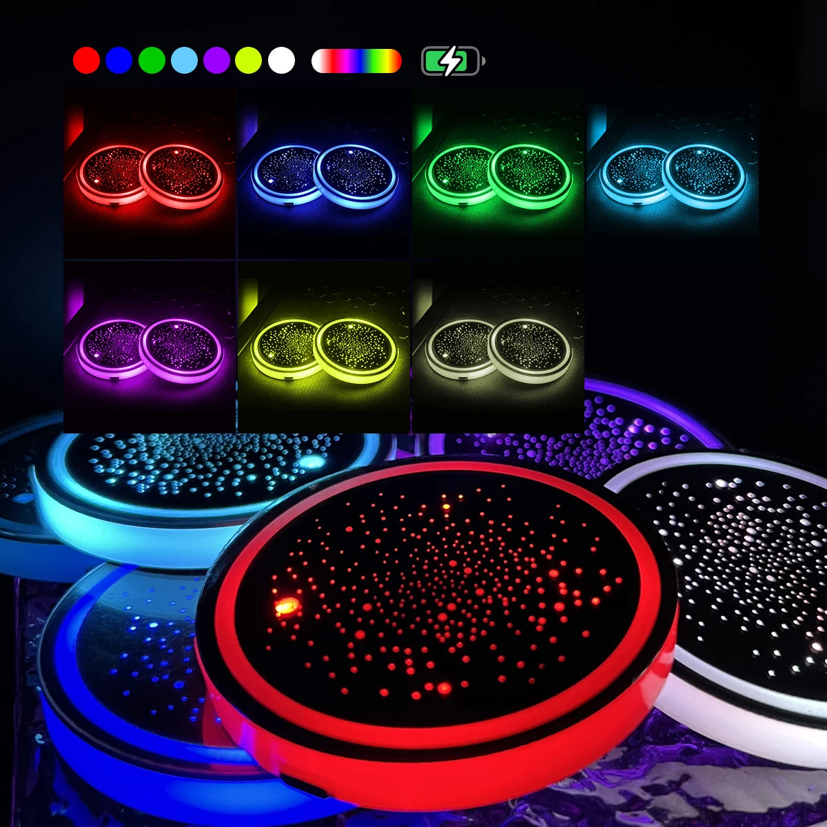 2PCS LED Cup Holder Lights for Car, Rechargeable 7 Color-Changing