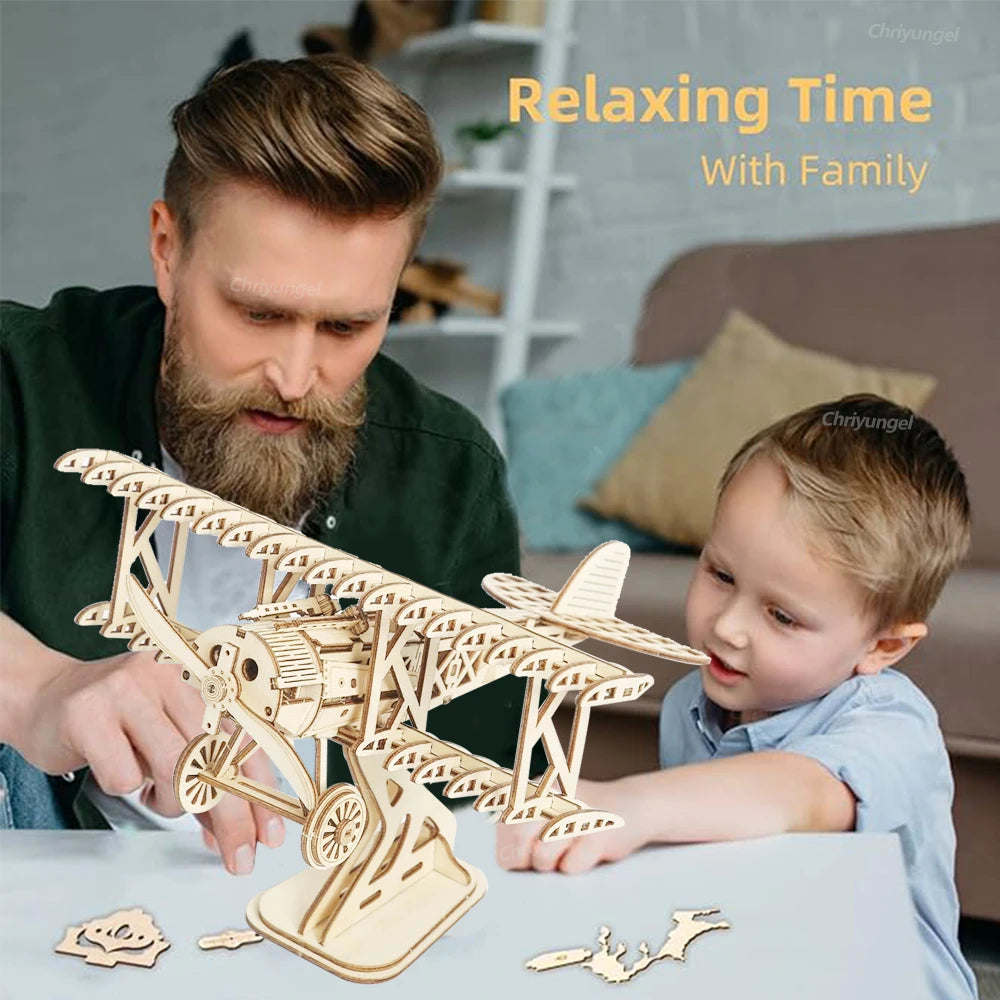 3D Wooden Puzzle Aircraft Model Kit DIY Assembly Bi-Plane Building