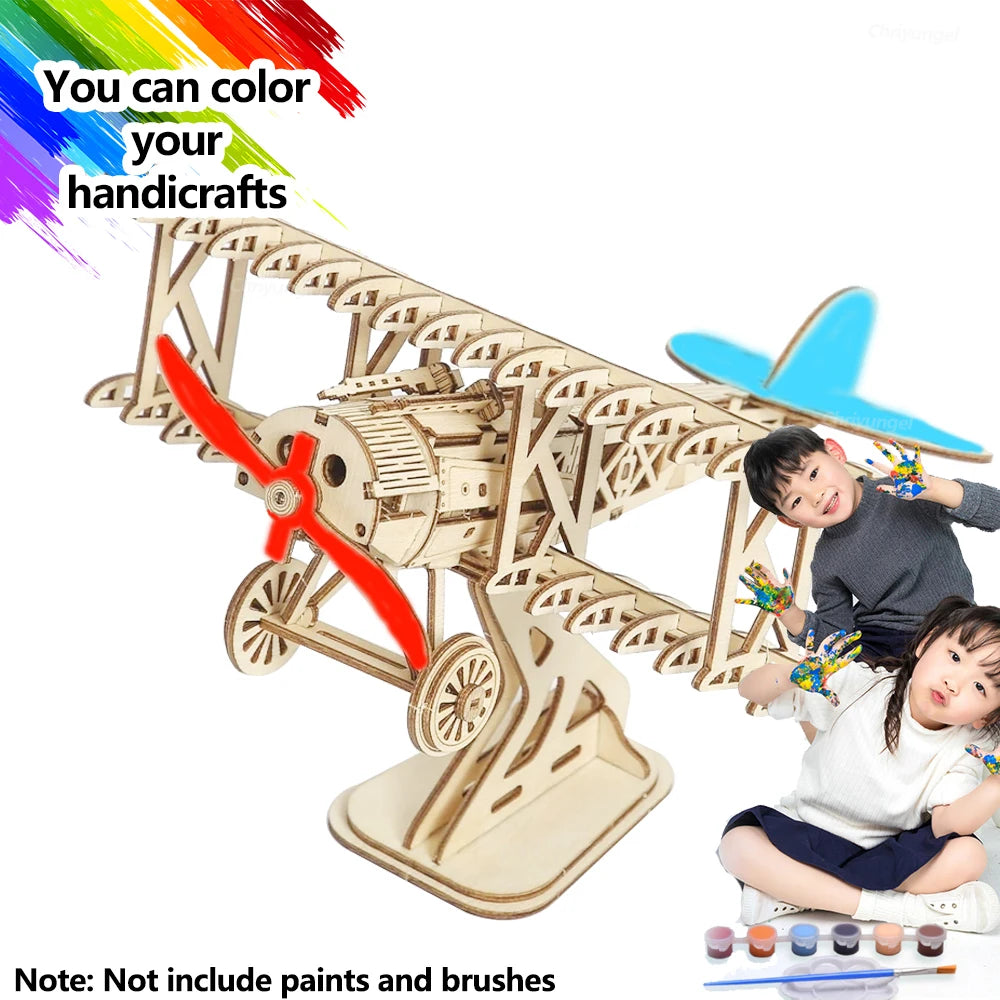3D Wooden Puzzle Aircraft Model Kit DIY Assembly Bi-Plane Building
