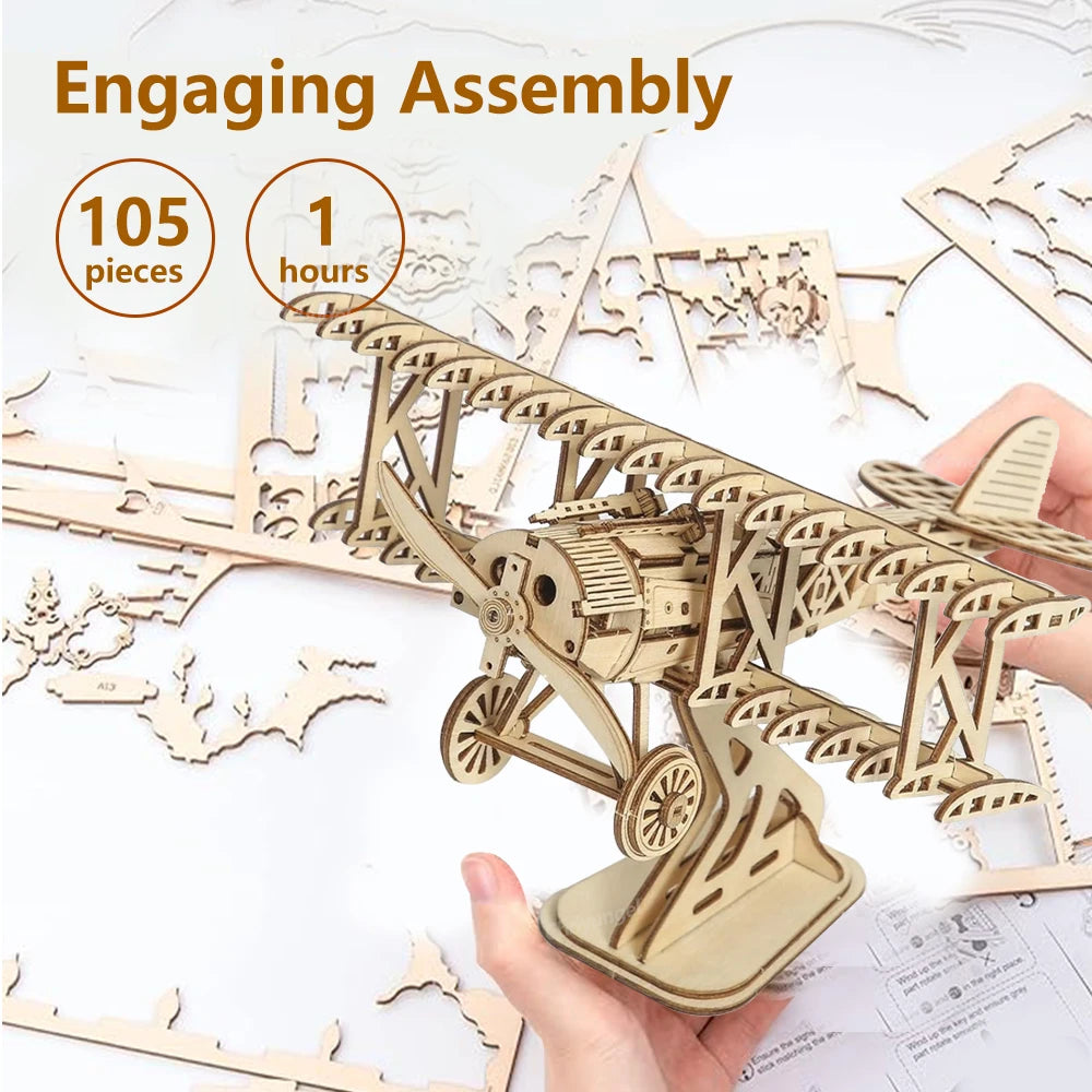 3D Wooden Puzzle Aircraft Model Kit DIY Assembly Bi-Plane Building