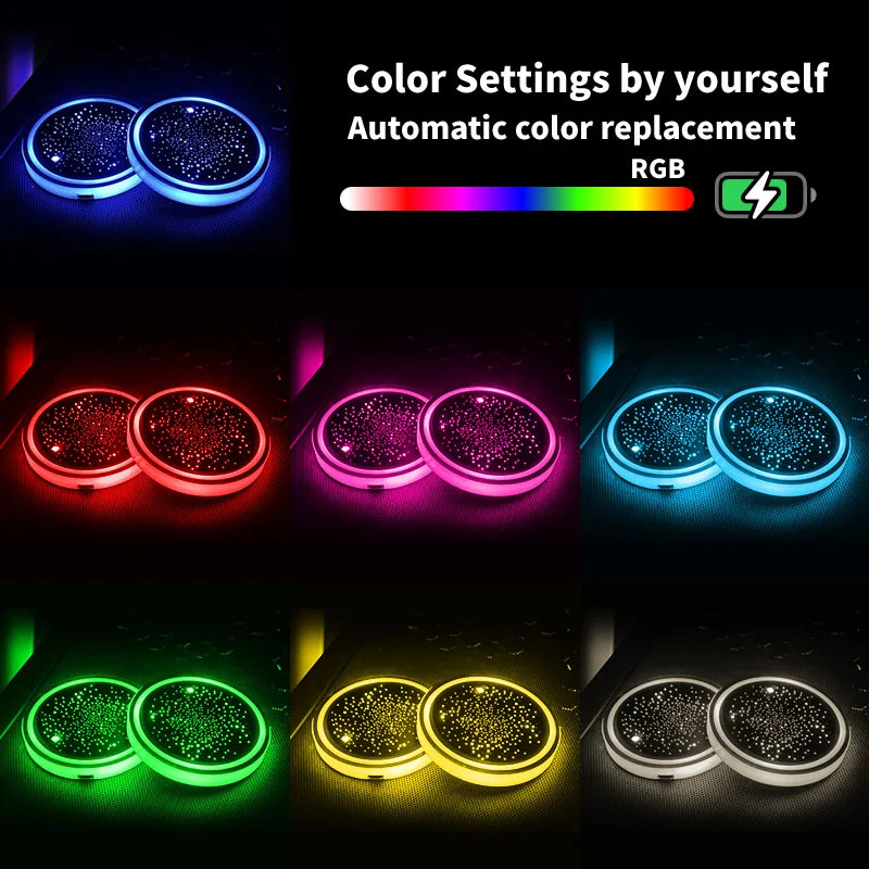 2PCS LED Cup Holder Lights for Car, Rechargeable 7 Color-Changing