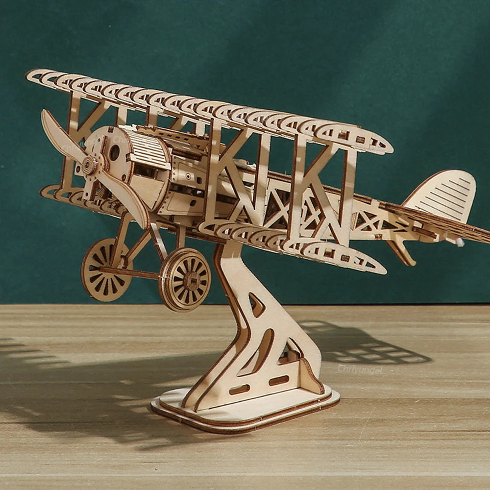 3D Wooden Puzzle Aircraft Model Kit DIY Assembly Bi-Plane Building