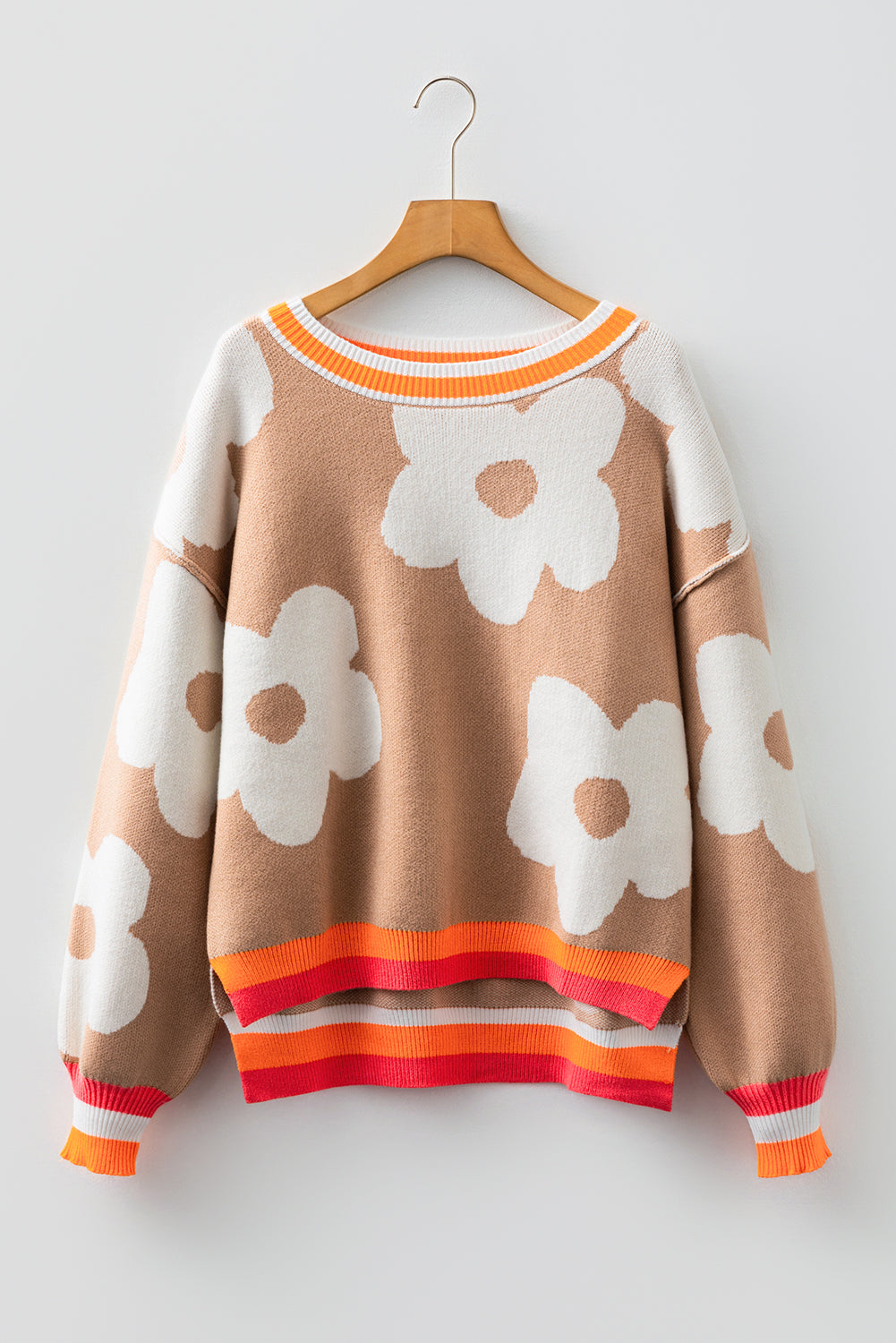Flower Colorblock Contrast Stripe Baggy Sweater