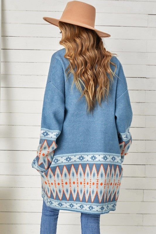 Aztec Print Open Front Knitted Cardigan