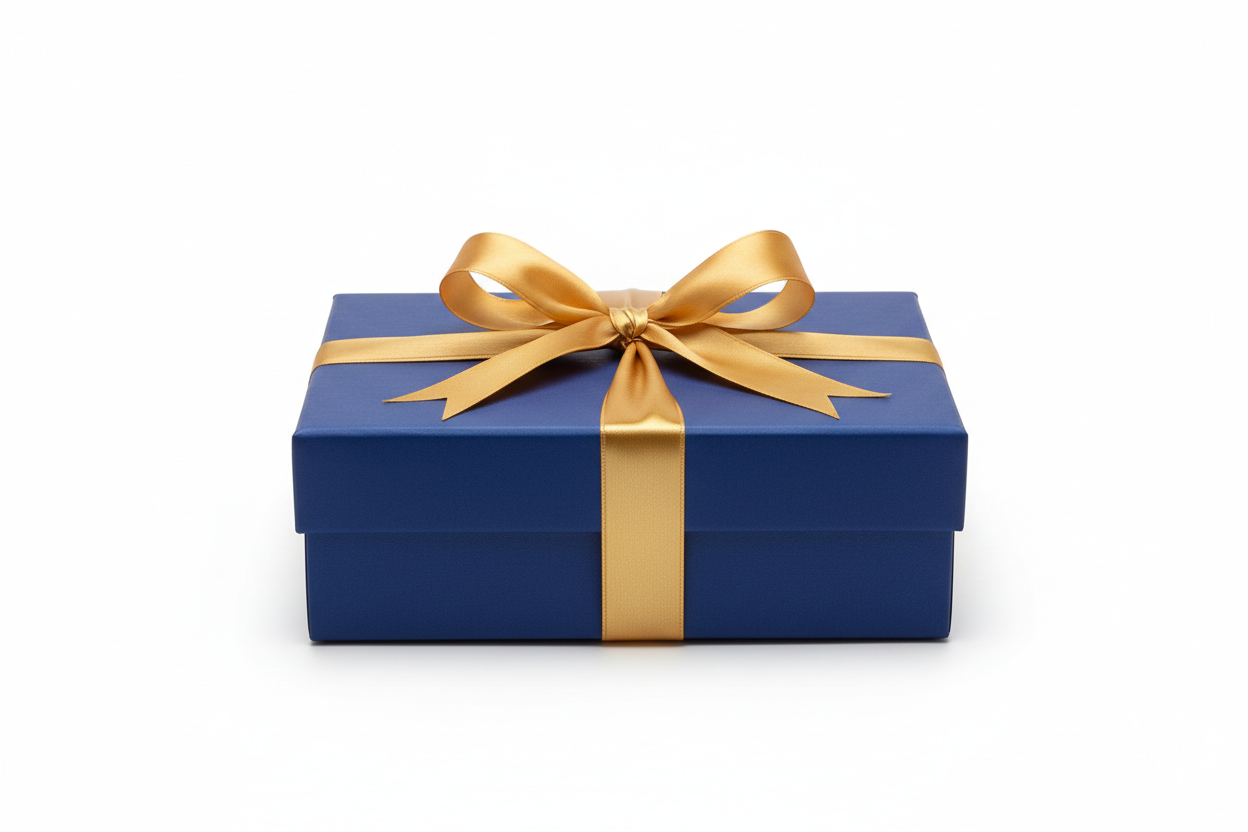 gift box blue with gold ribbon